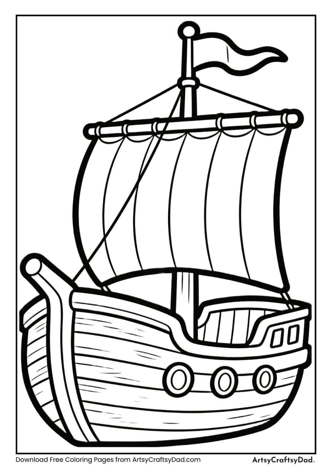 Wooden ship black and white coloring page for kids