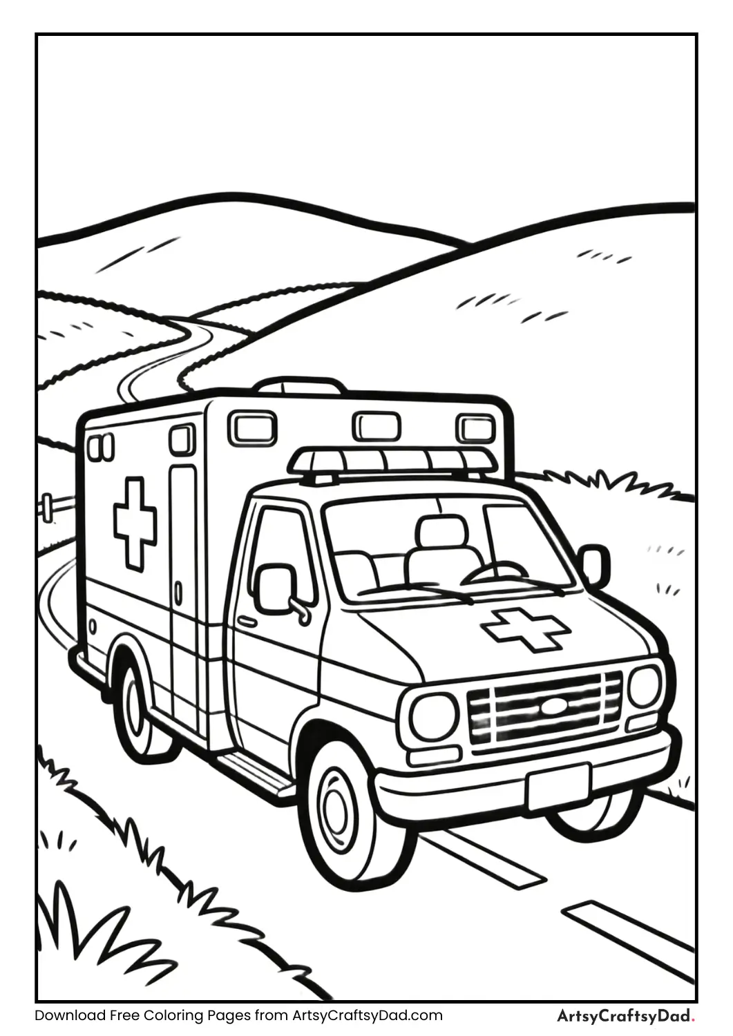 Ambulance driving on countryside road coloring page