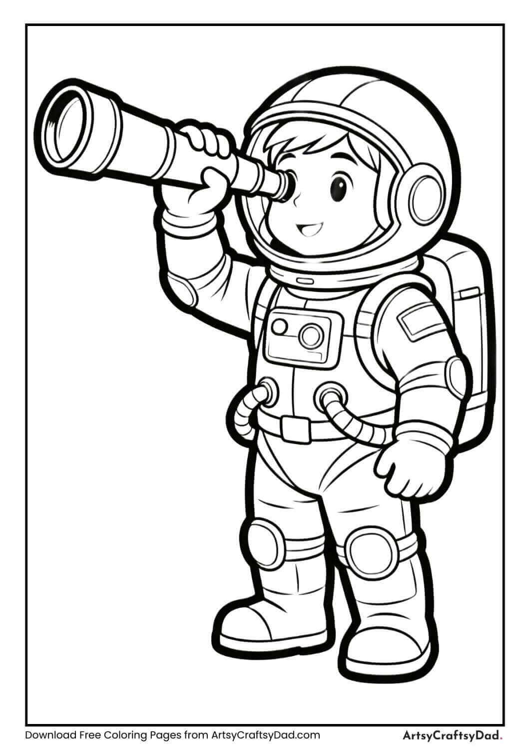 Astronaut looking through telescope coloring page
