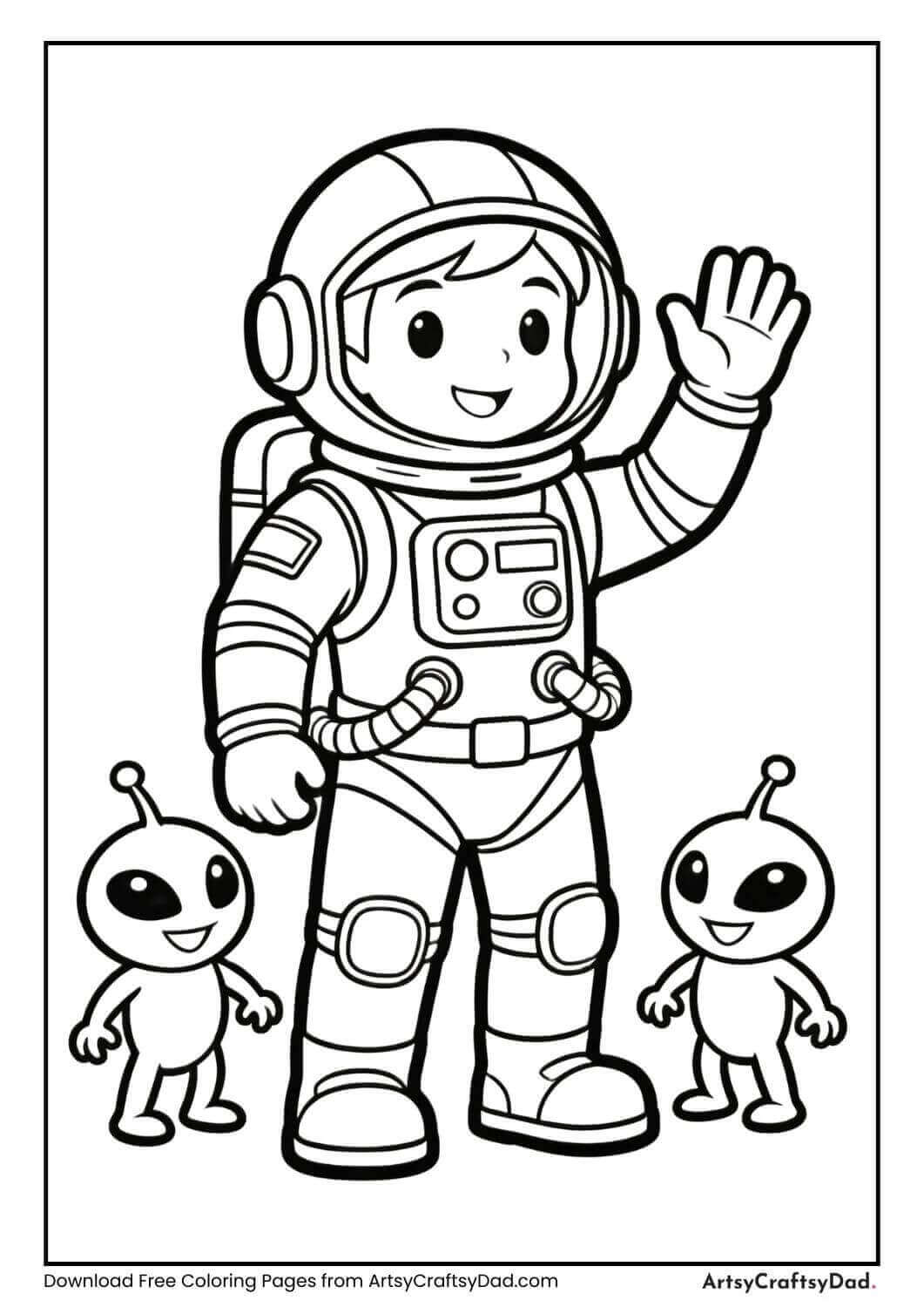 Astronaut waving at friendly aliens