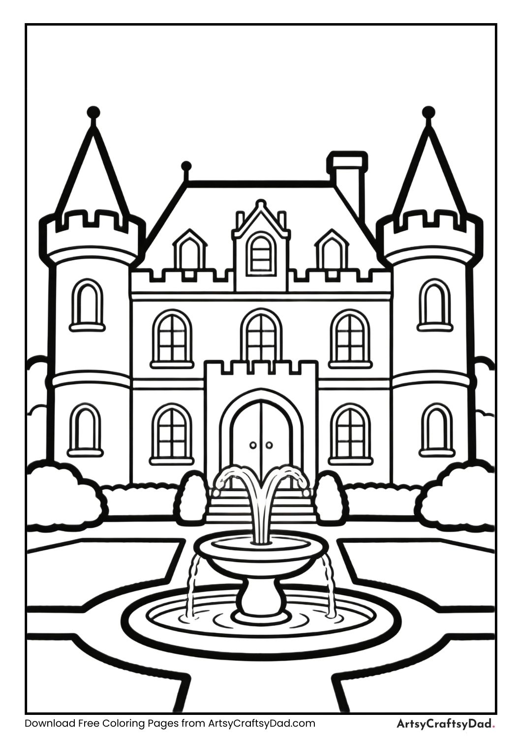Castle with fountain coloring page for kids