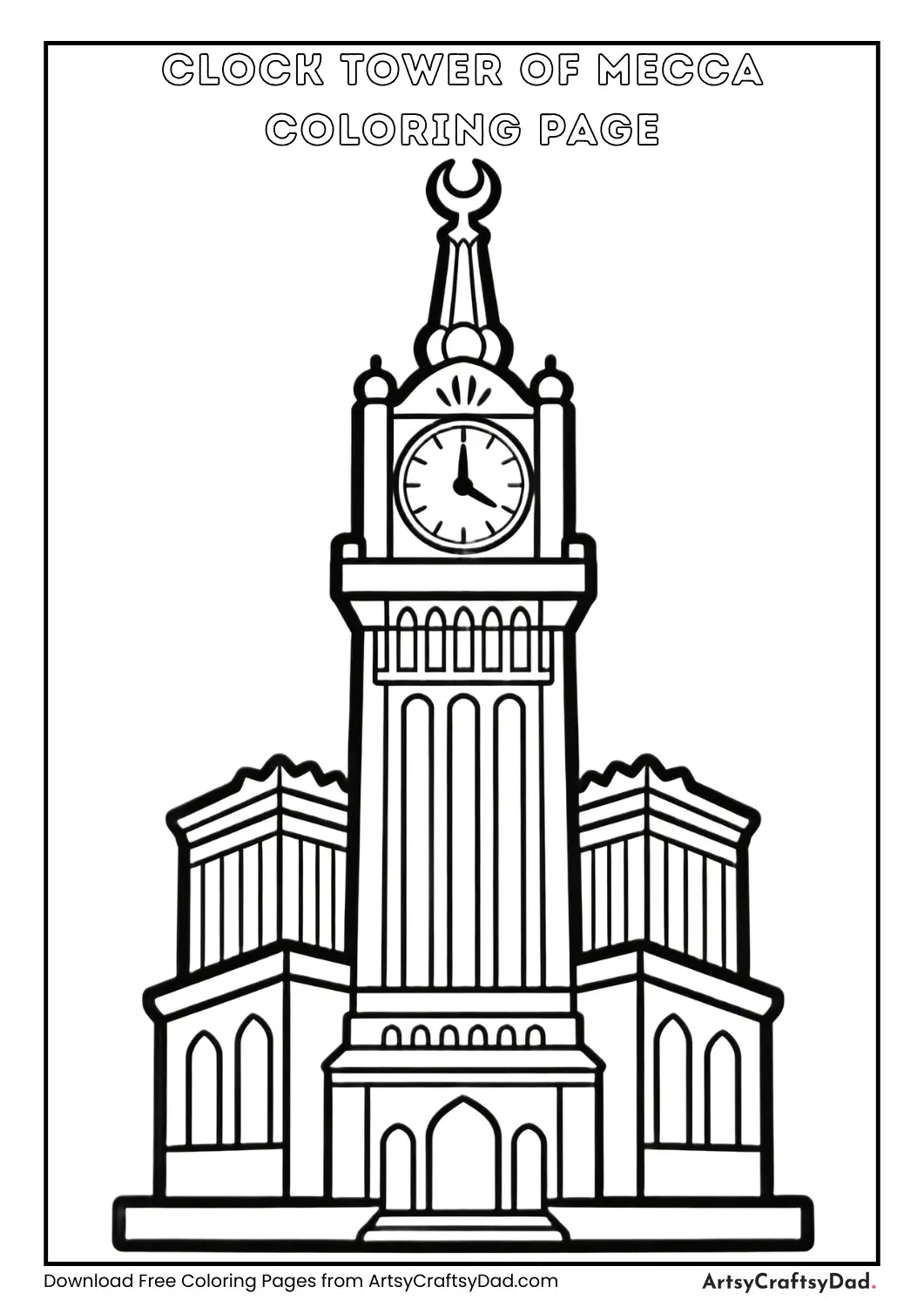 Clock Tower of Mecca black and white coloring page for kids