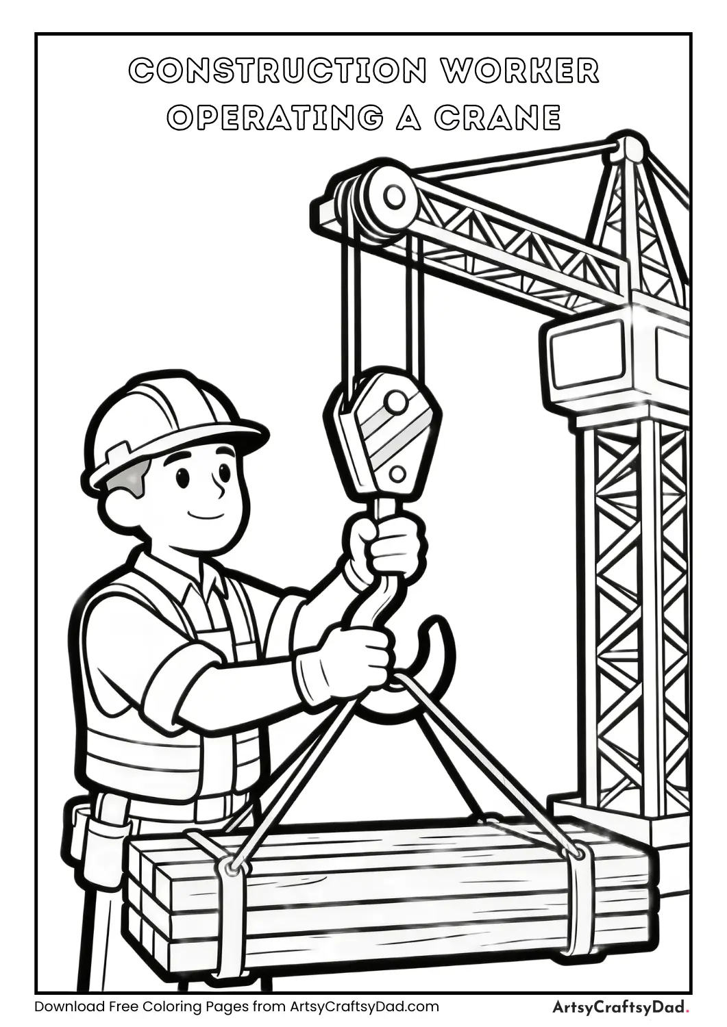 Construction worker operating a crane coloring page