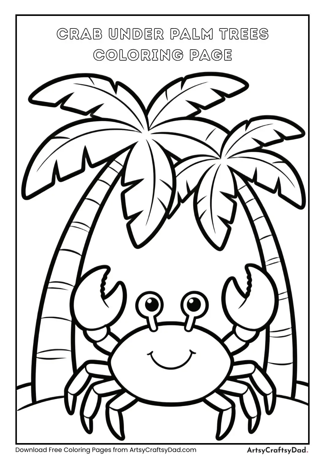 Smiling crab under palm trees black and white coloring page