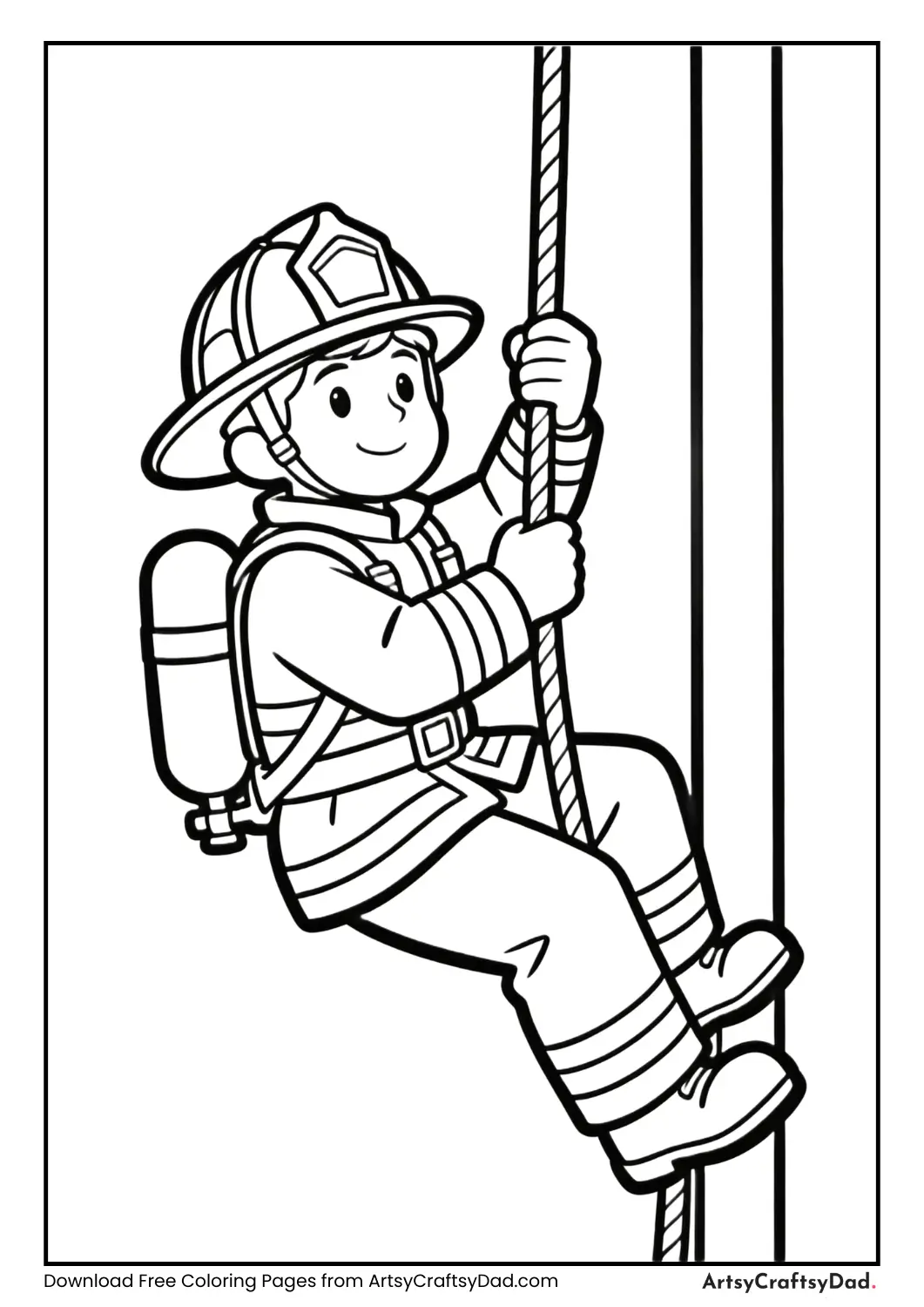 Firefighter sliding down a pole in a fire station.