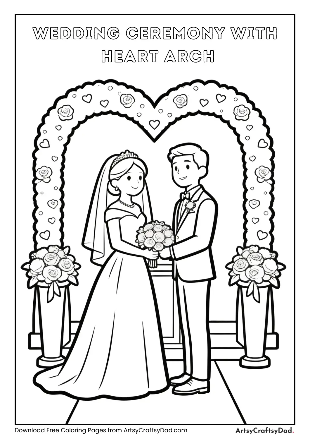Wedding ceremony with heart-shaped arch coloring page