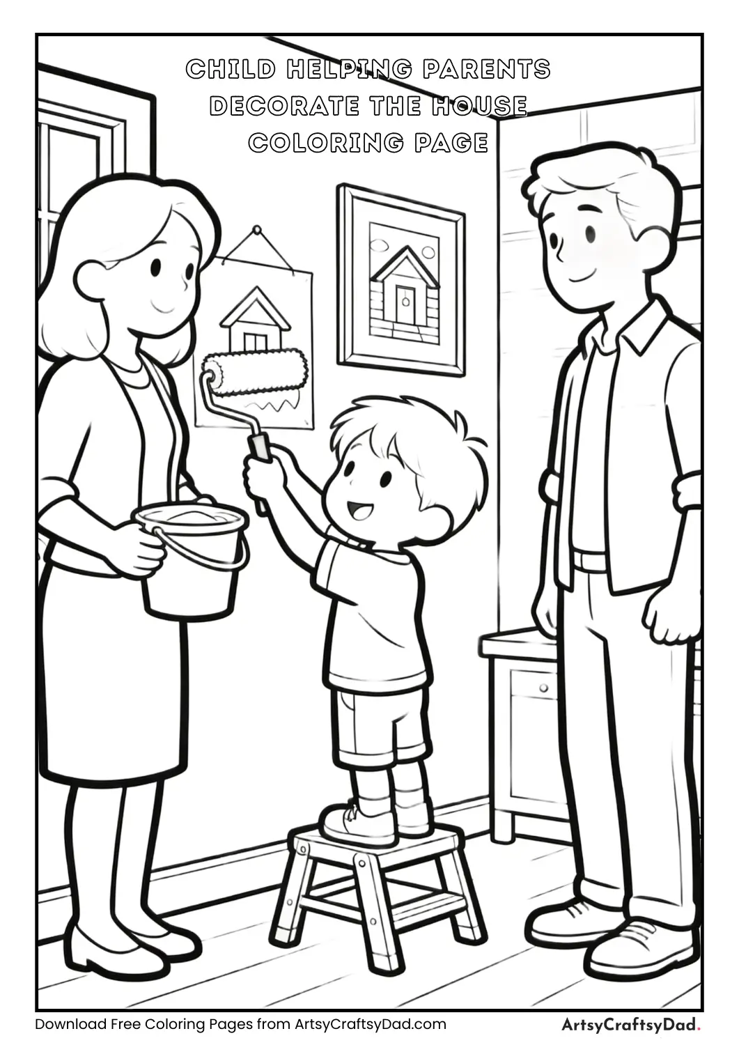 Child helping parents decorate house coloring page