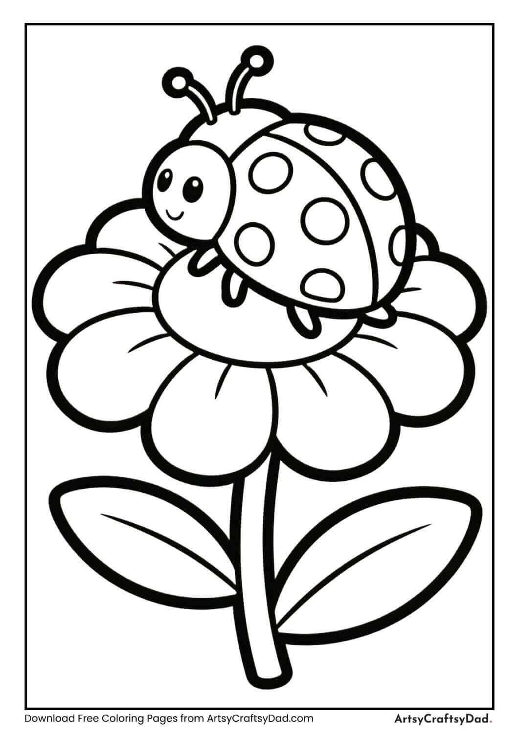 Ladybug sitting on spring flower coloring page