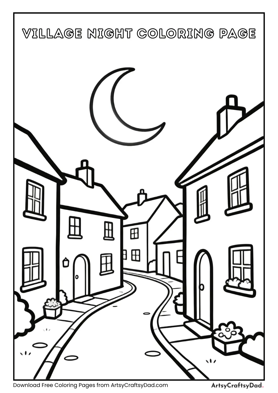 Village at night with moon coloring page