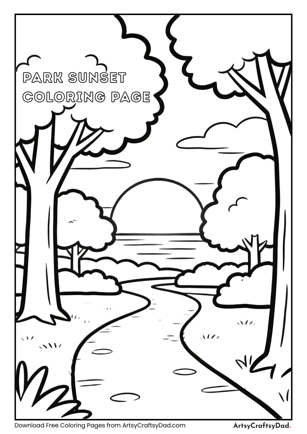 Sunset in park coloring page for kids