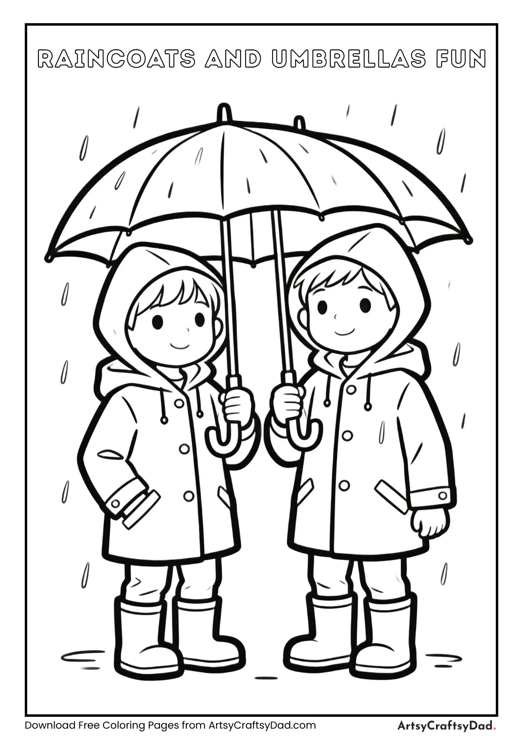 Kids wearing raincoats and umbrellas coloring page