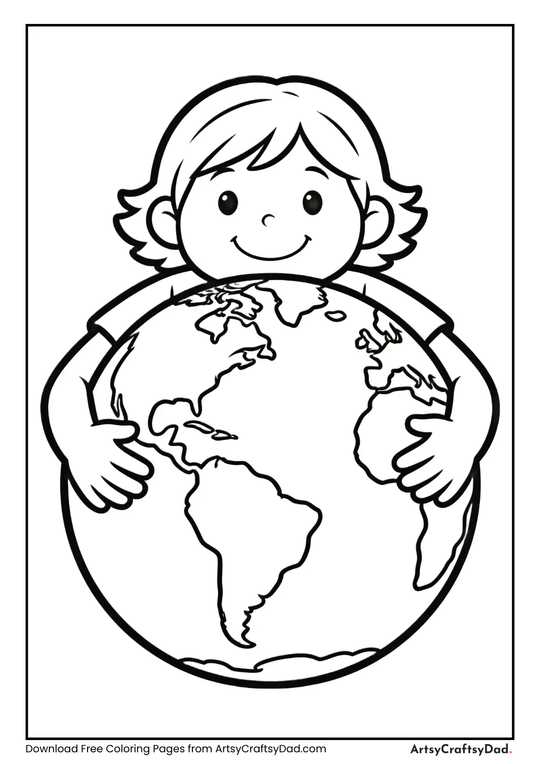 Child hugging Earth coloring page