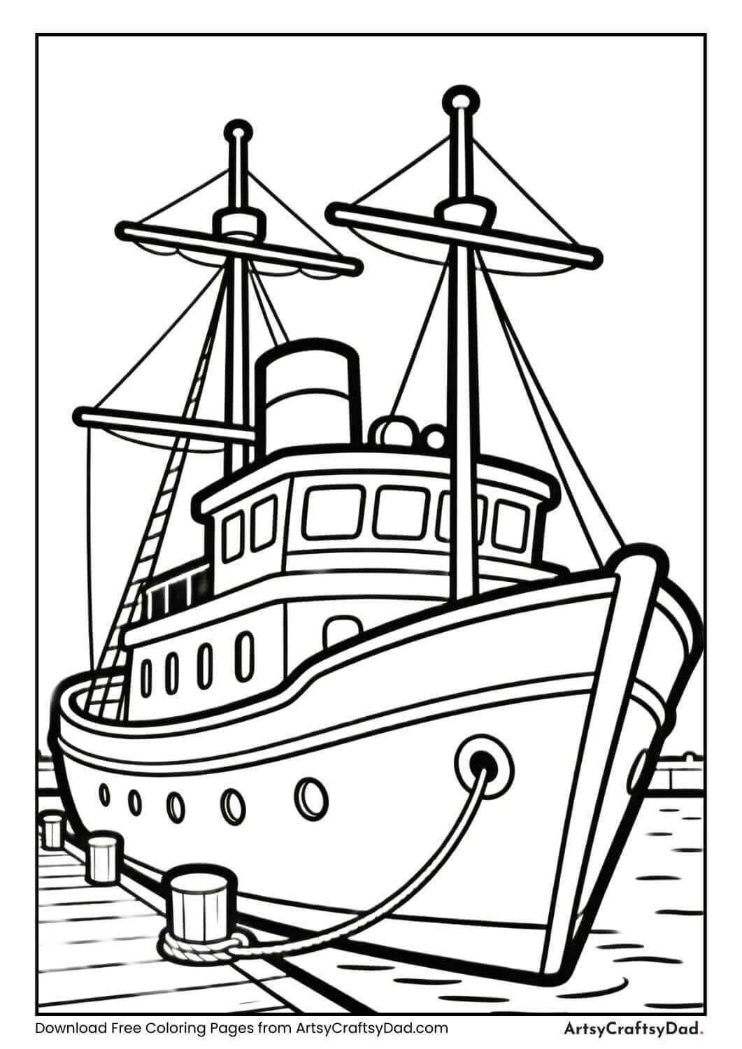 Ship at harbor black and white coloring page for kids