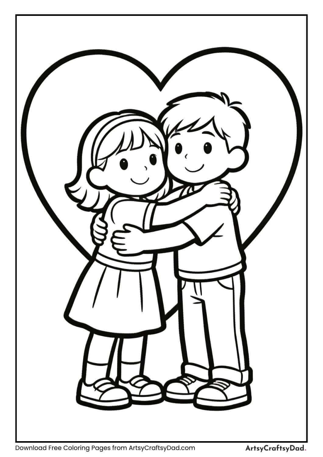 Siblings hugging with heart behind them