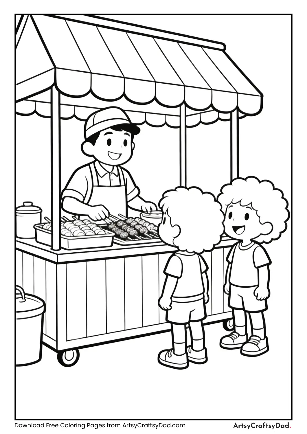Street food vendor serving snacks coloring page