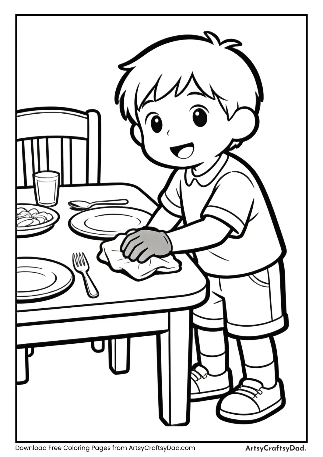 Child cleaning table after eating coloring page