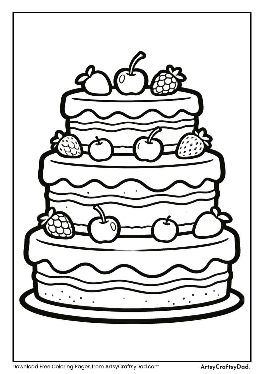 Three-tier birthday cake with fruit coloring page