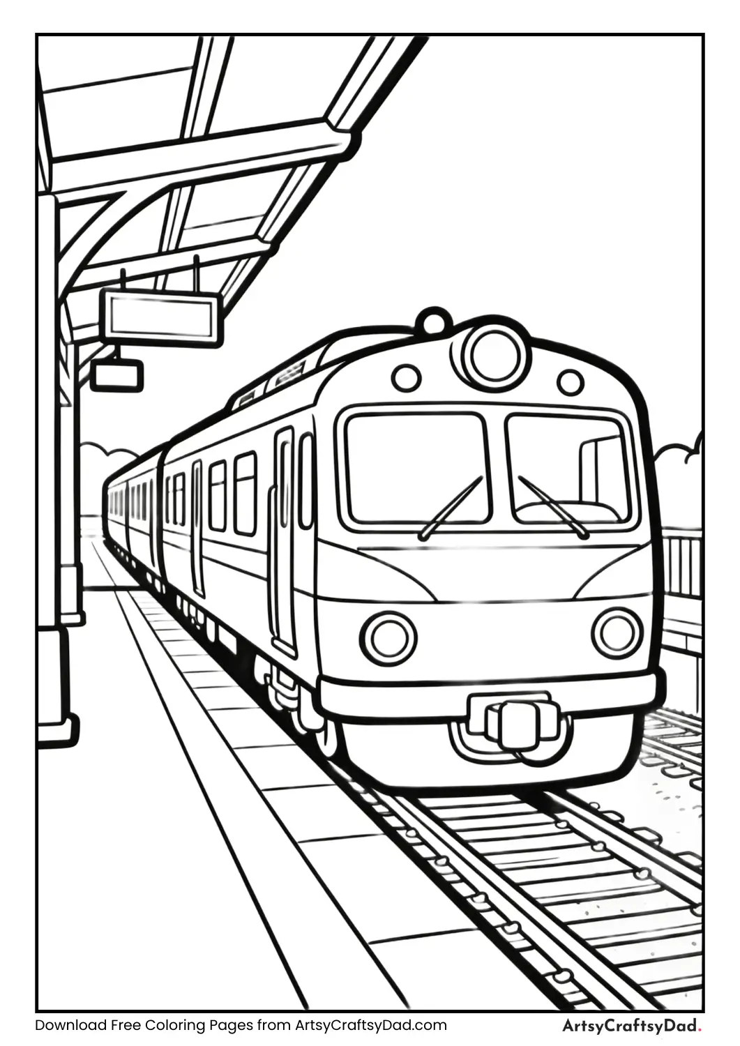 Train arriving at station coloring page