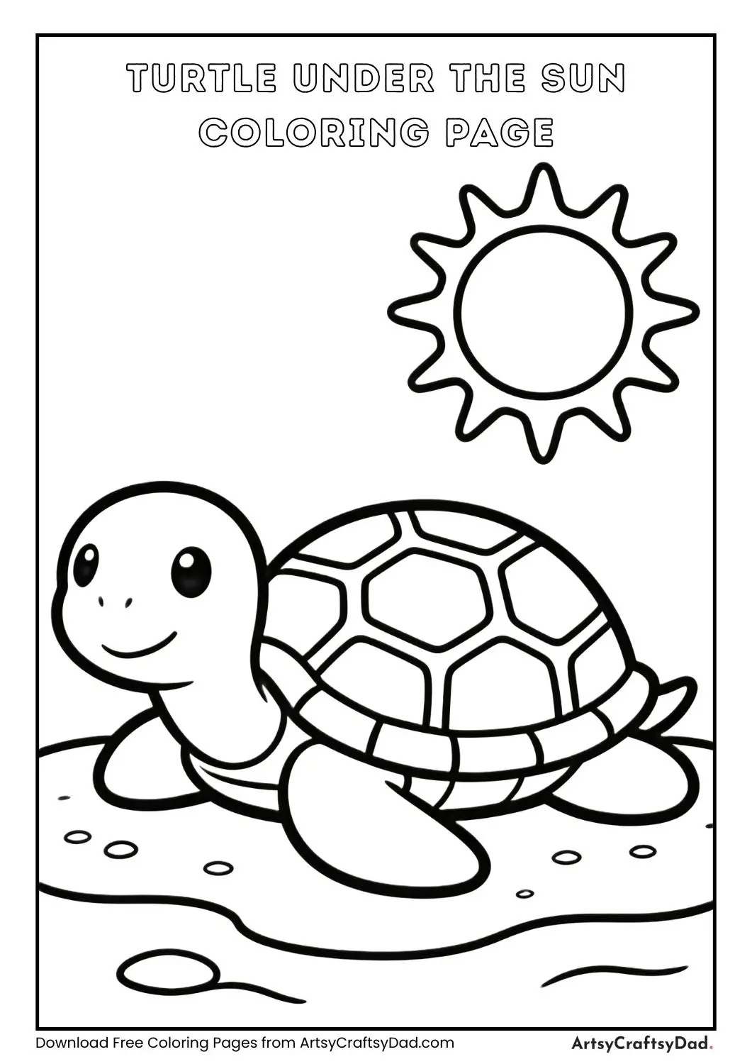 Turtle under sun black and white coloring page