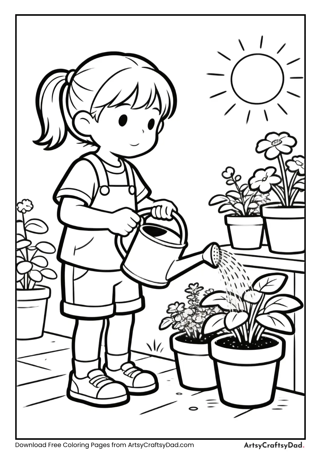 Child watering morning garden plants.