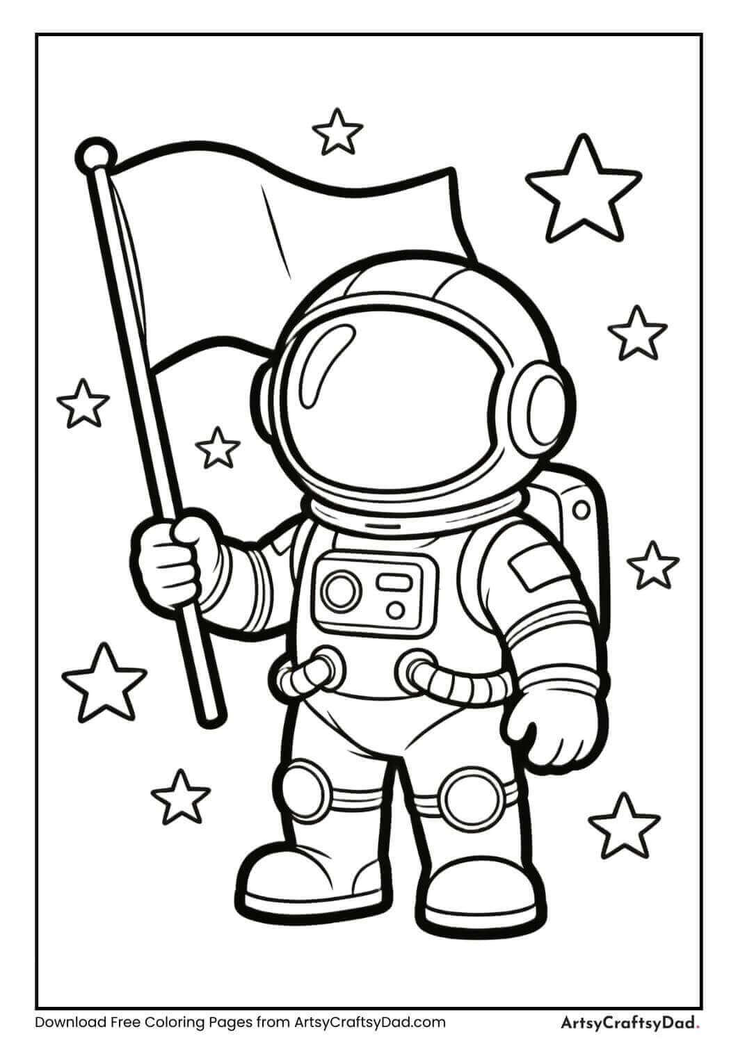 Astronaut holding a flag with stars background
