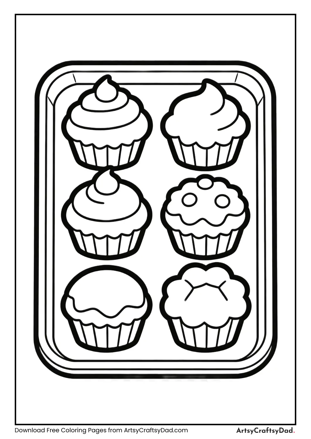 Count and color six cupcakes black and white coloring page