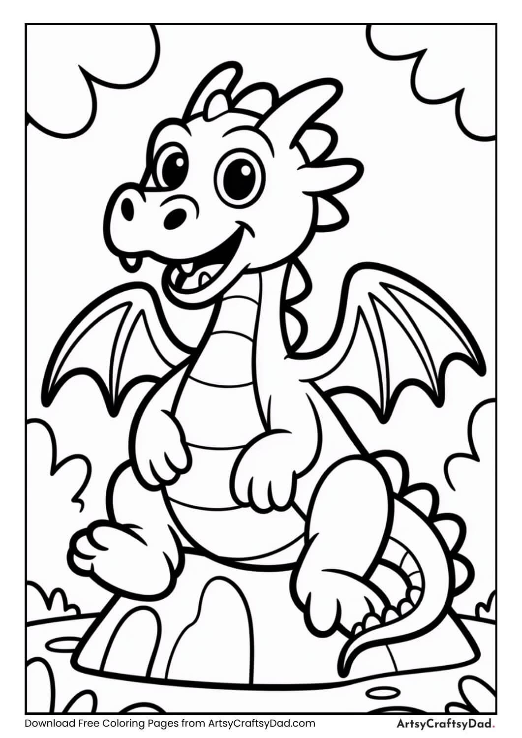 Dragon sitting on rock black and white coloring page
