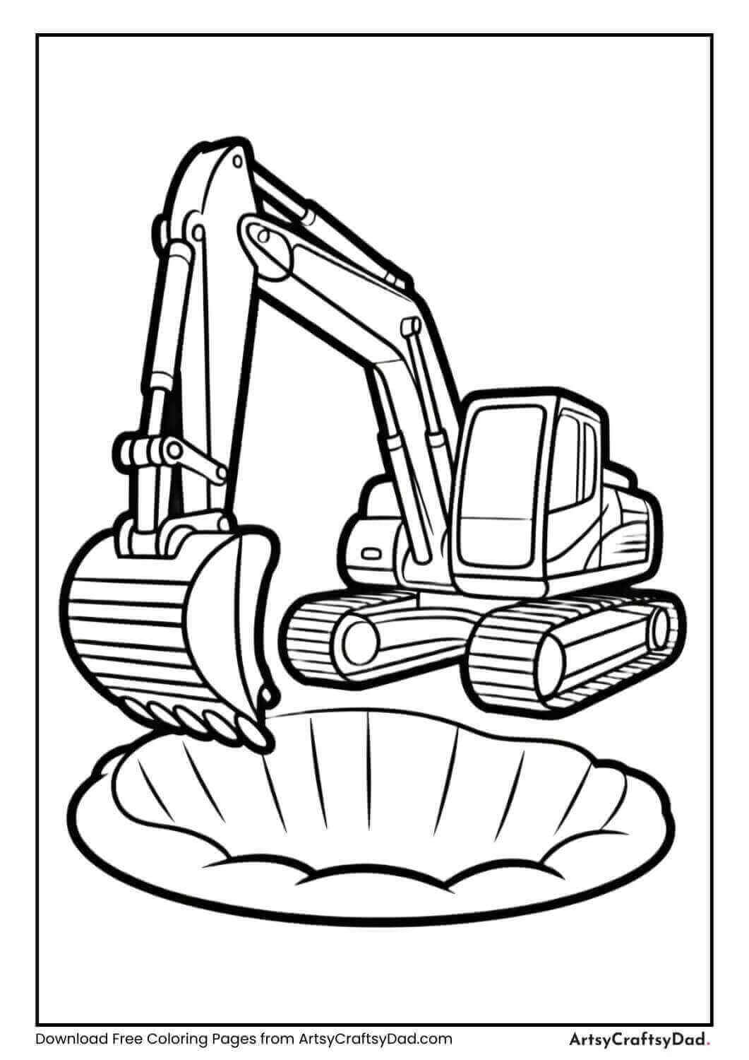 Excavator digging hole coloring page for kids