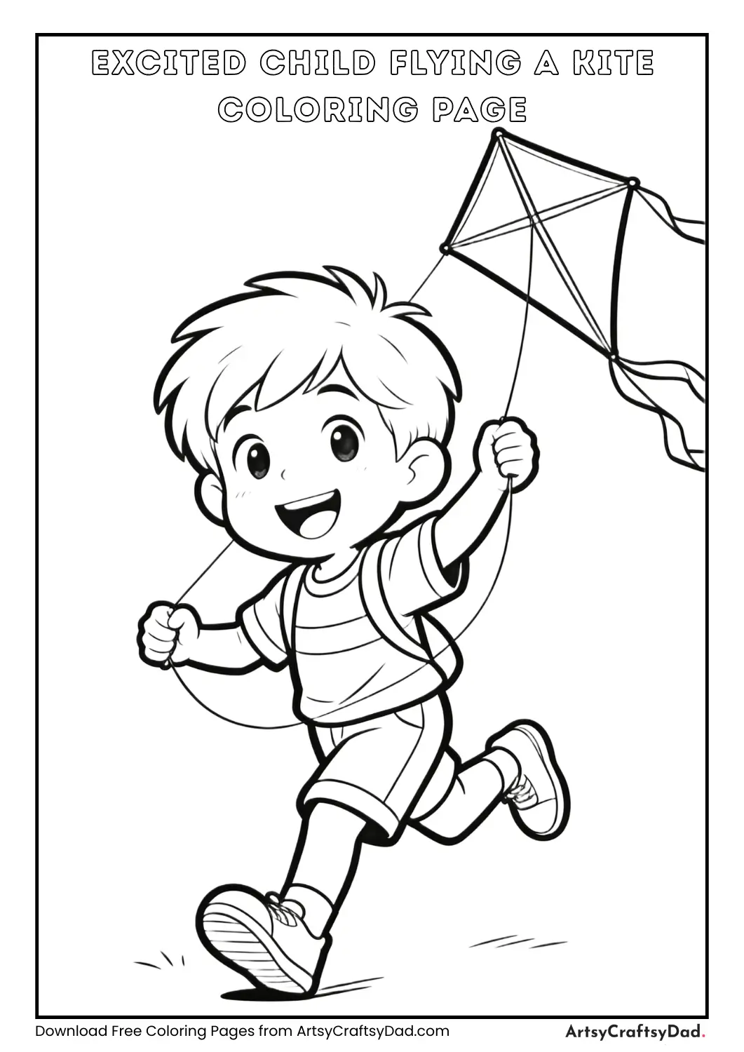 Excited child holding kite coloring page