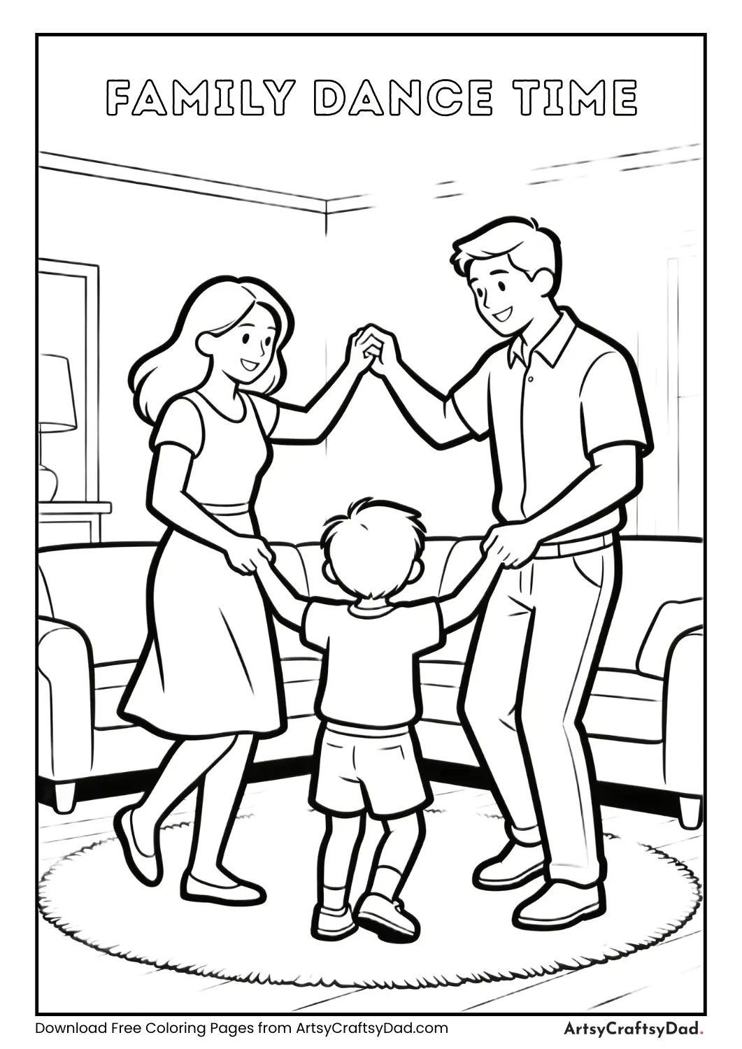 Black and white coloring page of family dancing