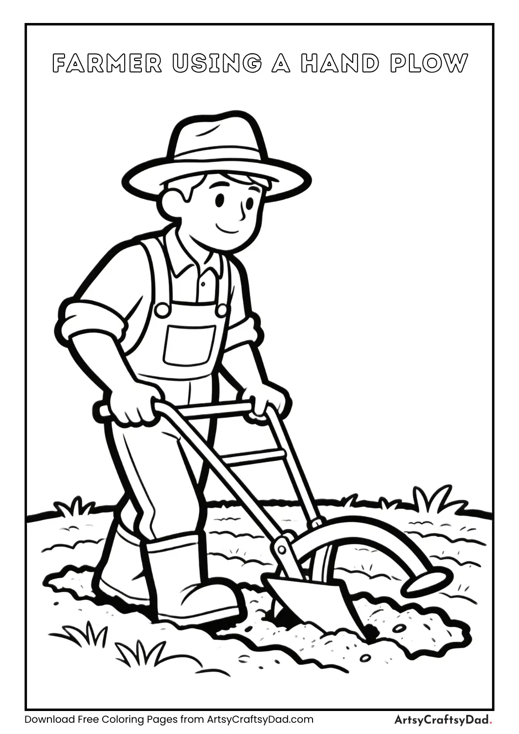 Farmer using hand plow coloring page