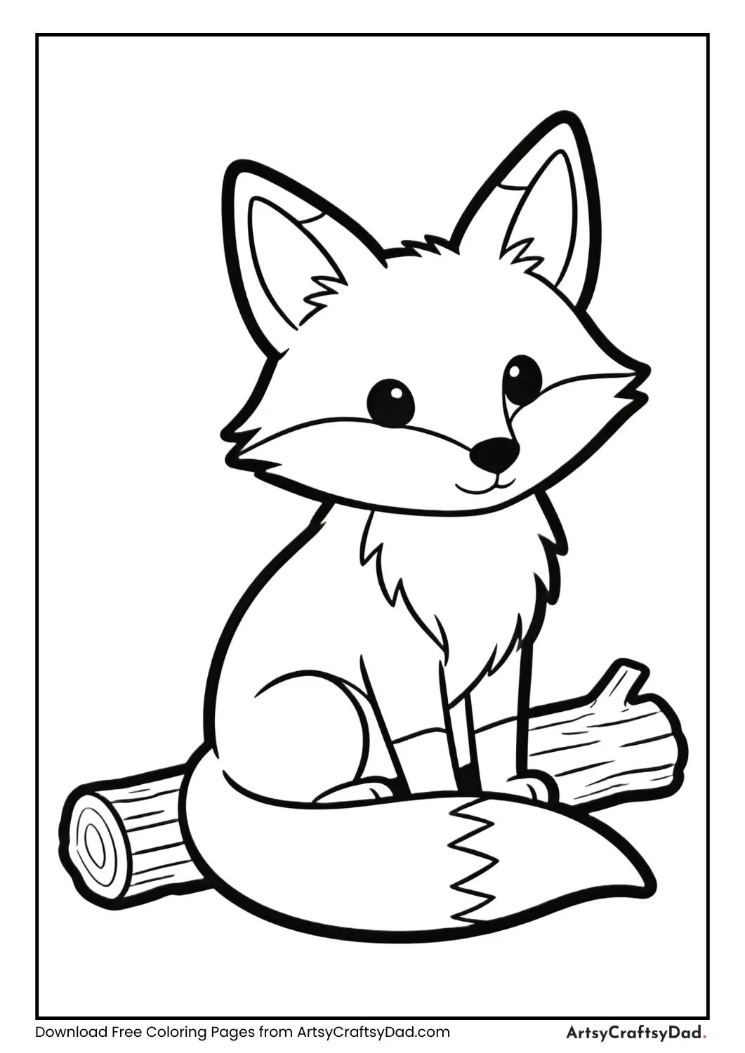 Fox near log black and white coloring page