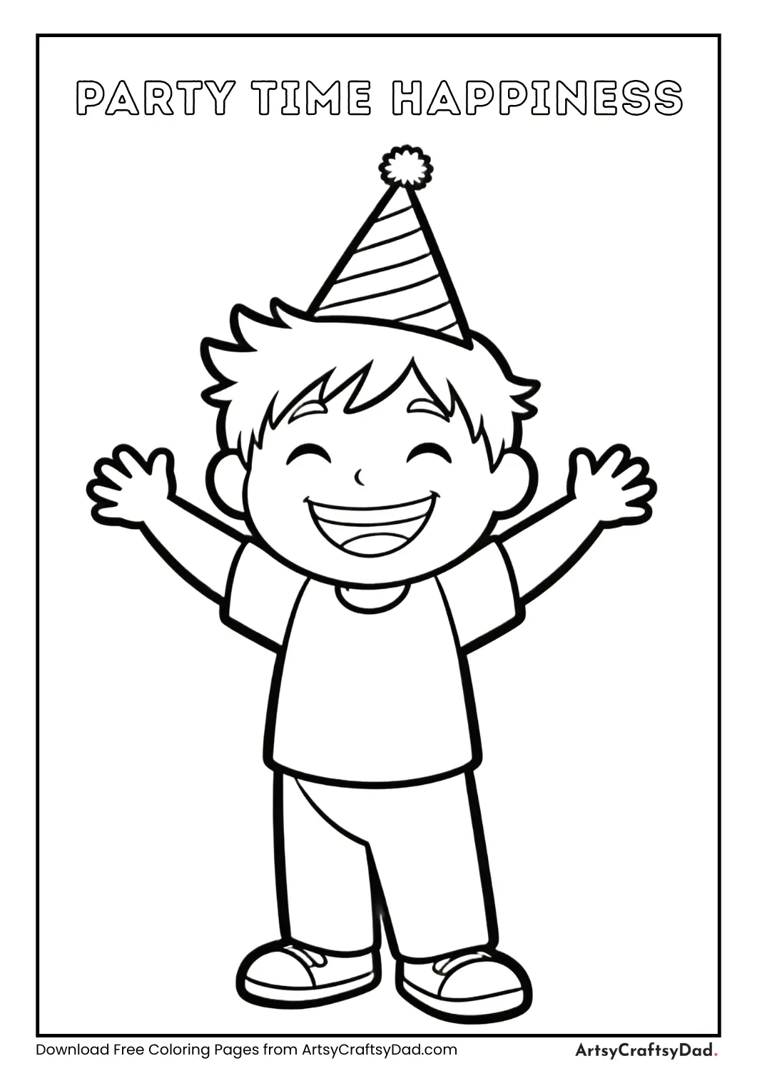 Happy child wearing party hat coloring page