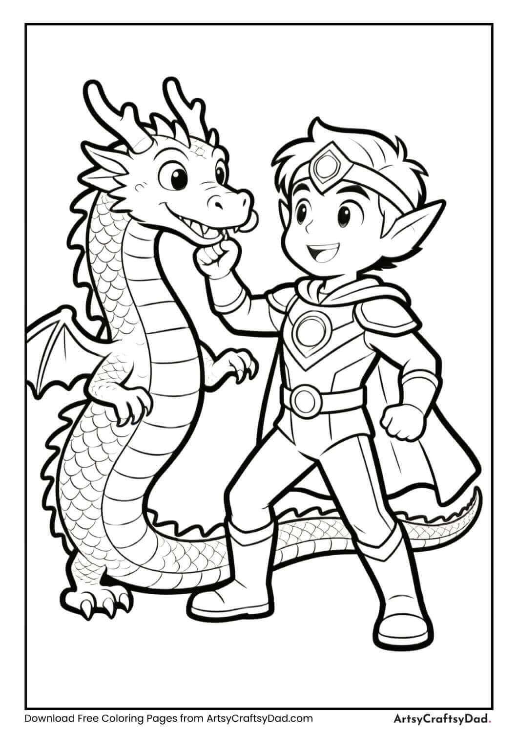 Black and white anime hero with cute dragon