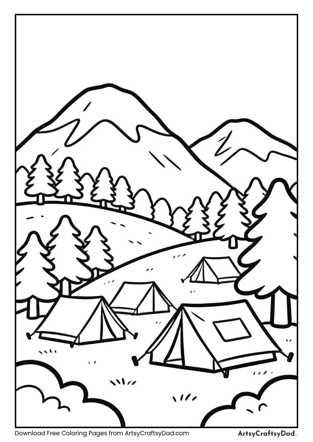 Coloring page of tents, trees, and mountains in a hill station campsite.