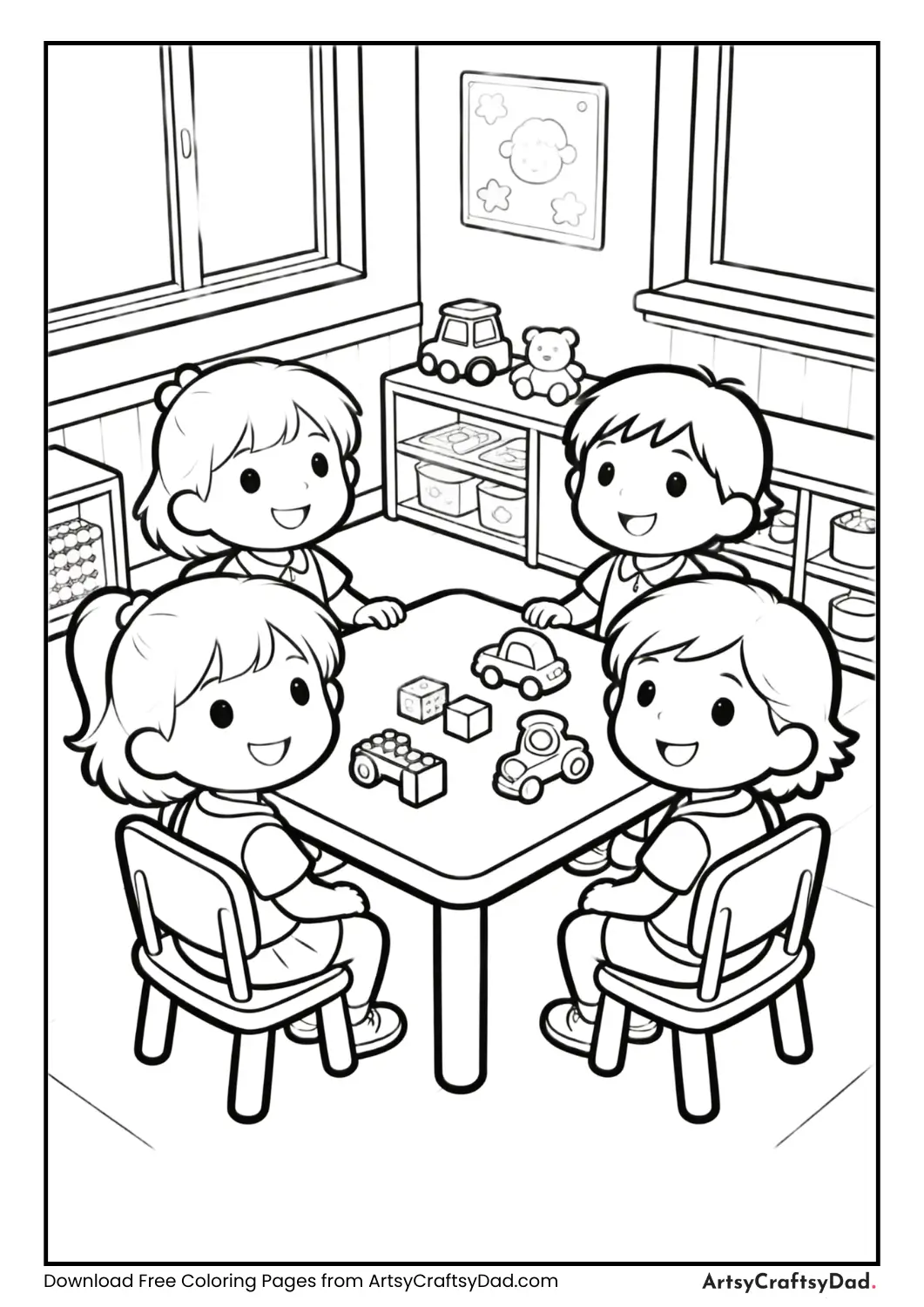 Kindergarten classroom with small tables and kids