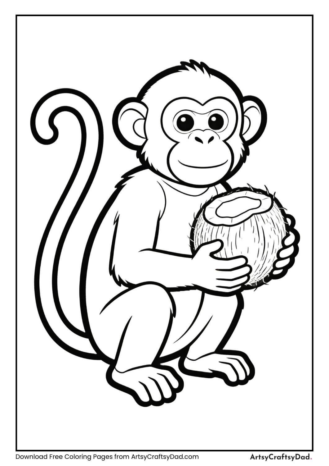 Monkey holding coconut black and white coloring page