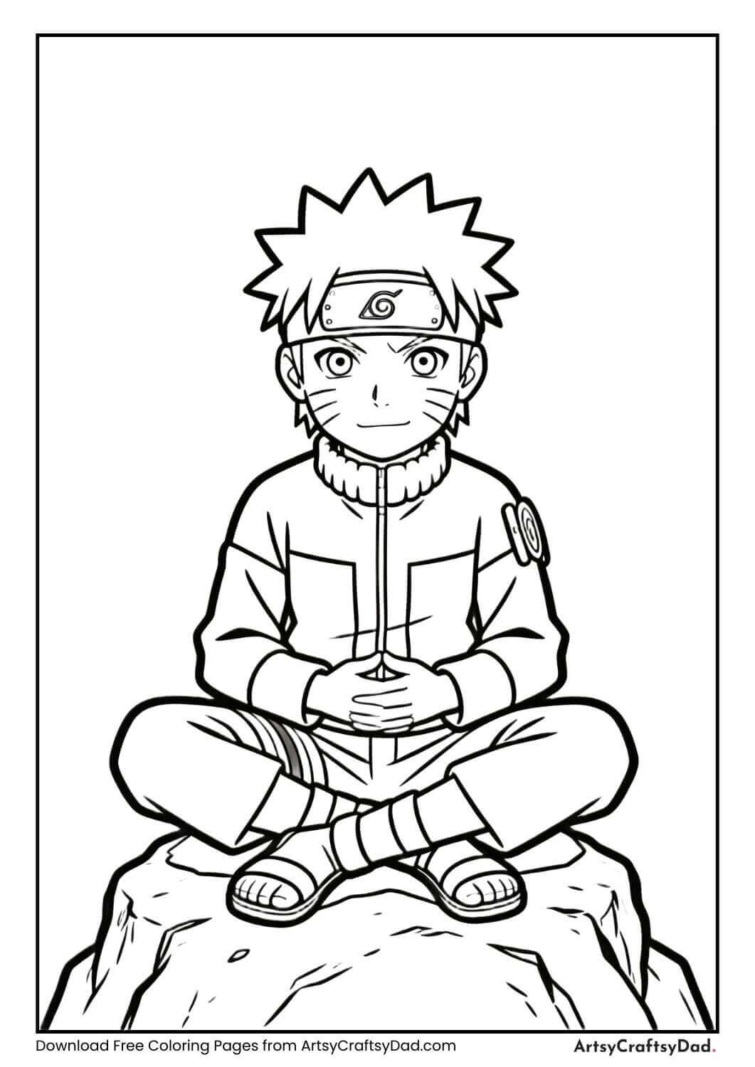 Naruto sitting on a rock, peaceful pose, black and white coloring page