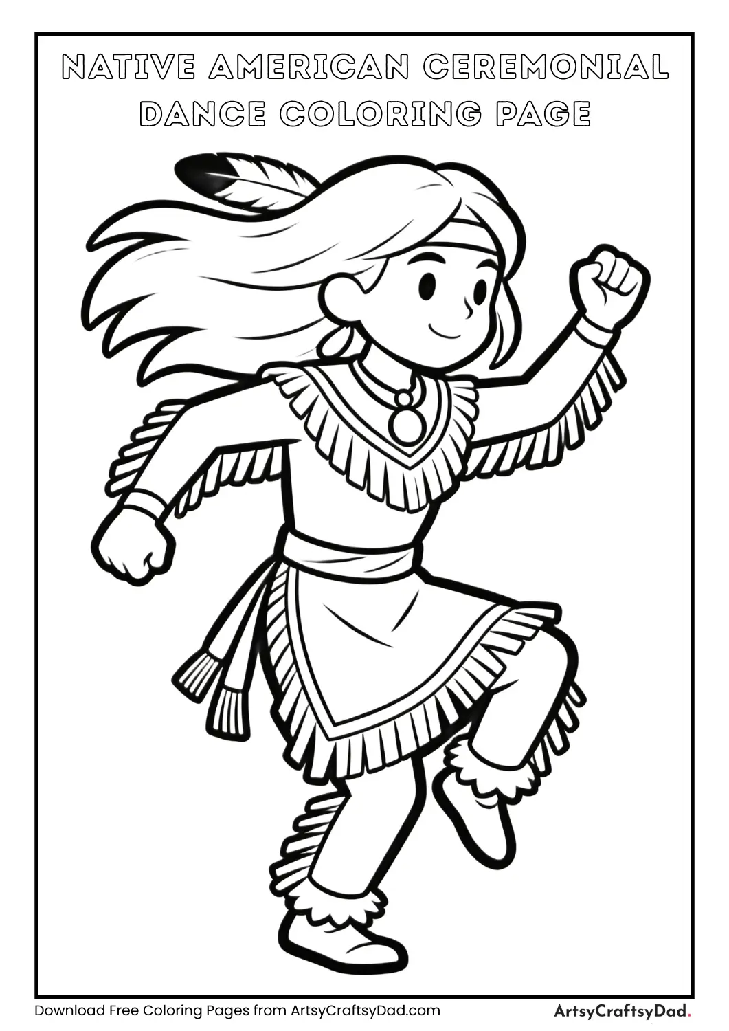 Native American dancer performing ceremonial dance, black and white coloring page for kids.