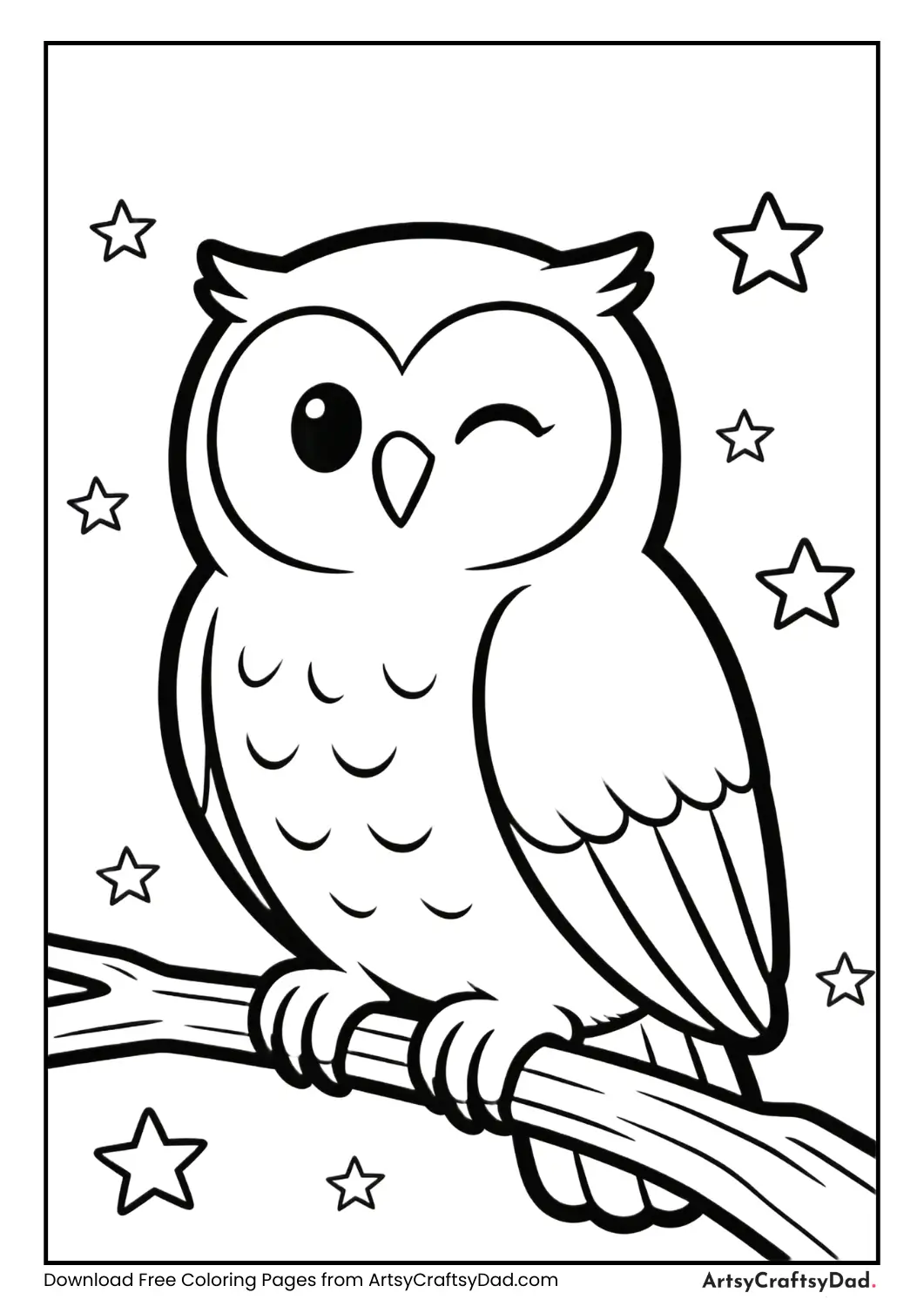 Owl with stars black and white coloring page