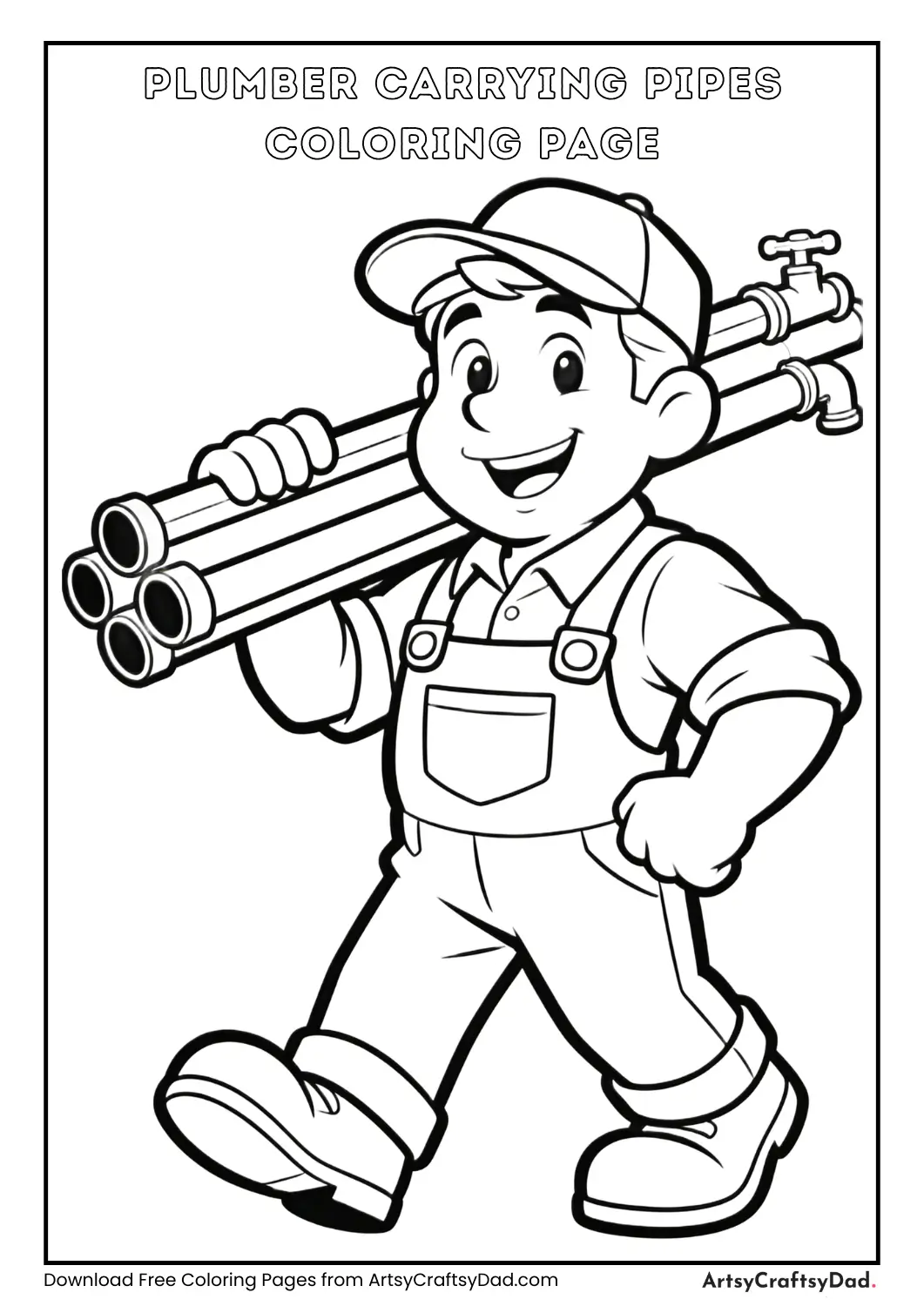 Plumber carrying pipes coloring page