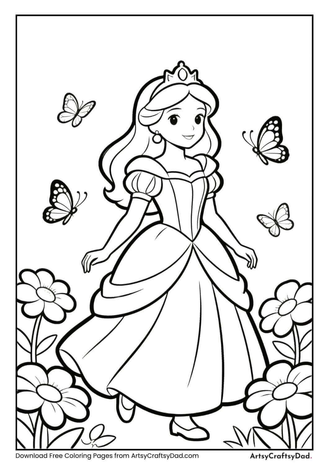 Princess walking in a garden coloring page