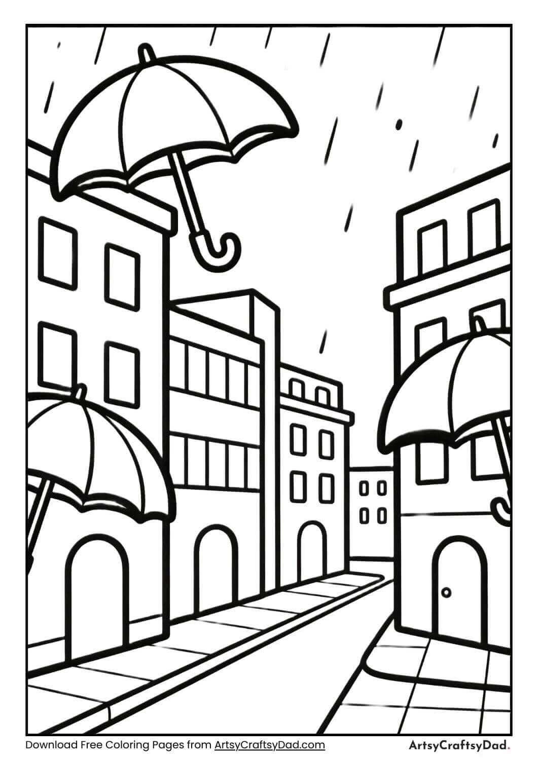 Rainy city weather coloring page