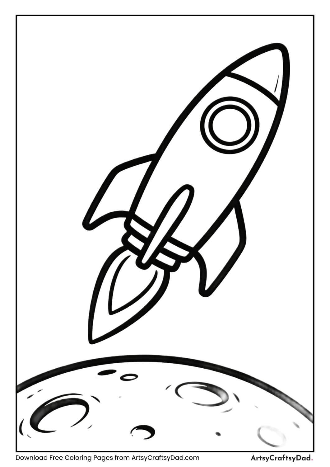 Space rocket above moon surface coloring page