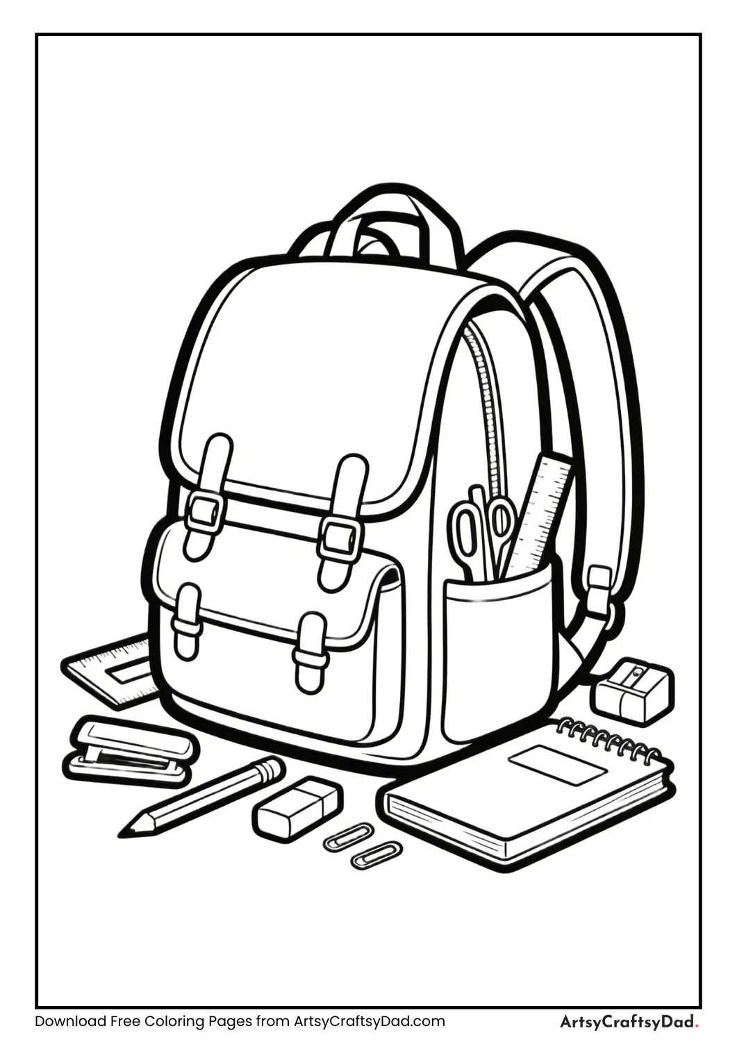 School bag with stationery items scattered around, ready to pack