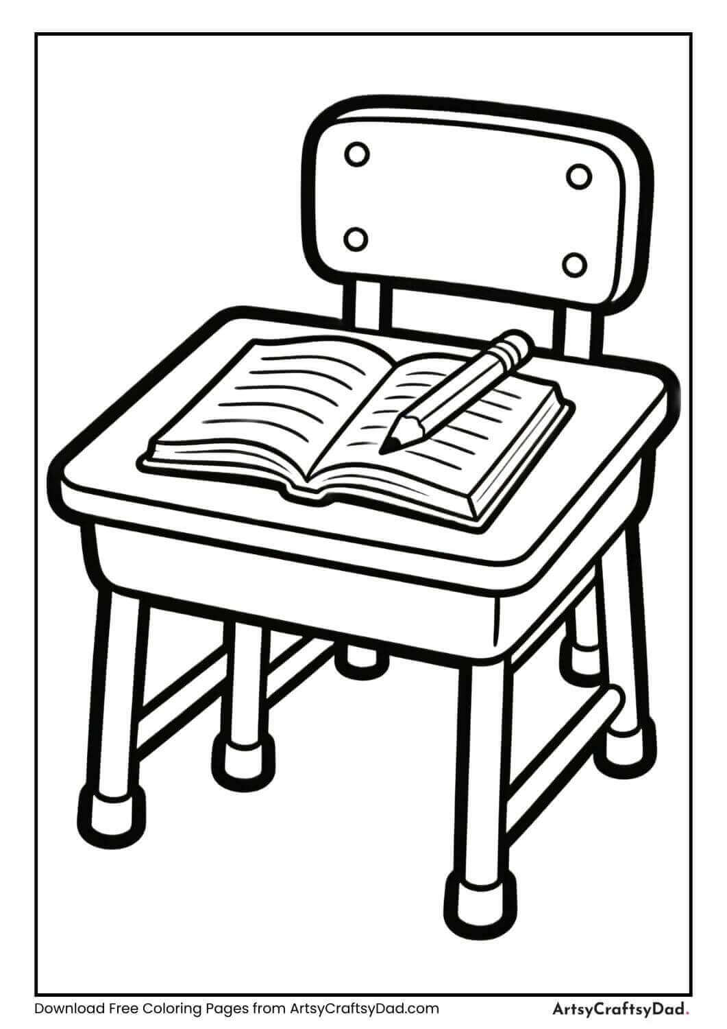 Black and white coloring page of a school desk with book and pencil