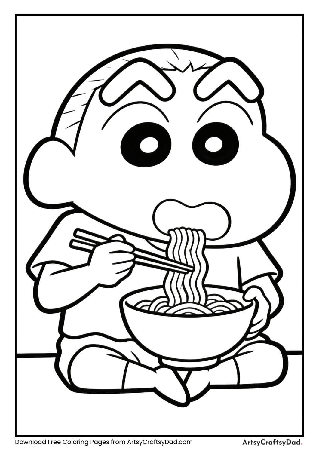 Shinchan eating noodles with chopsticks