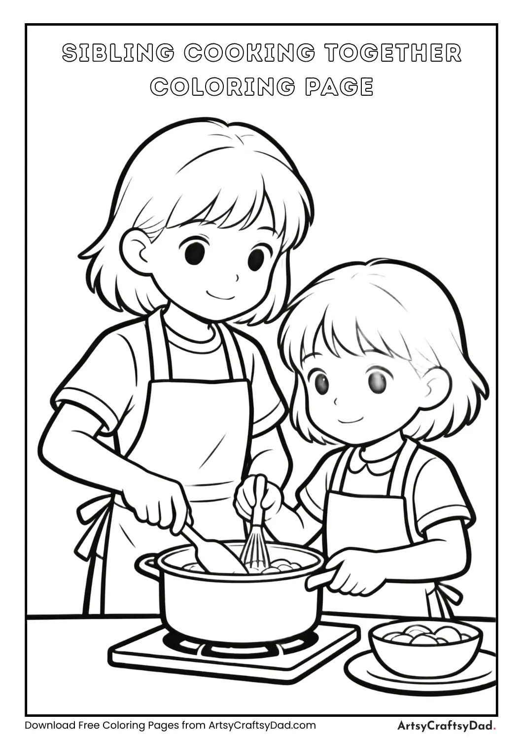 Brother and sister cooking together coloring page