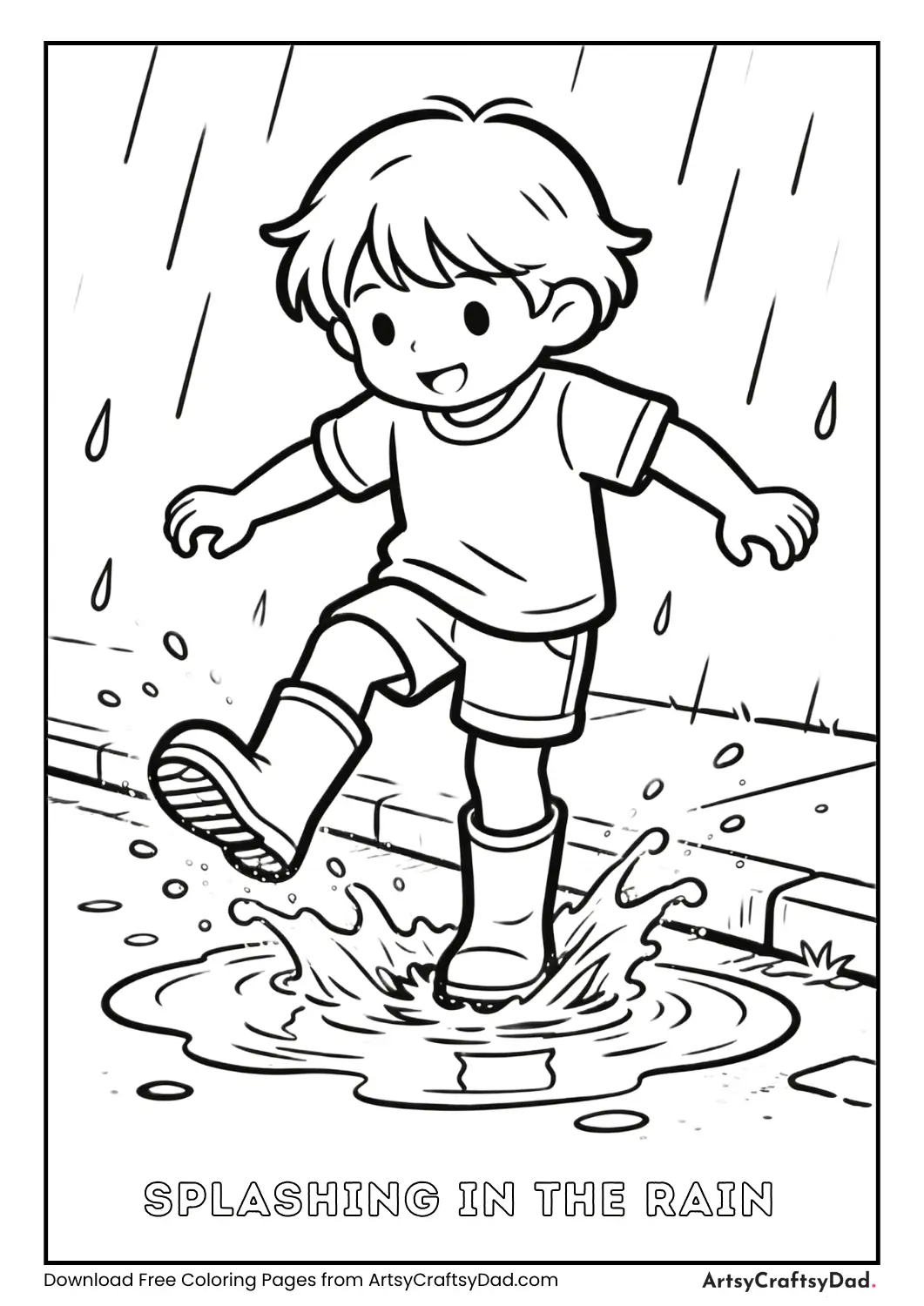 Child splashing water in rain coloring page