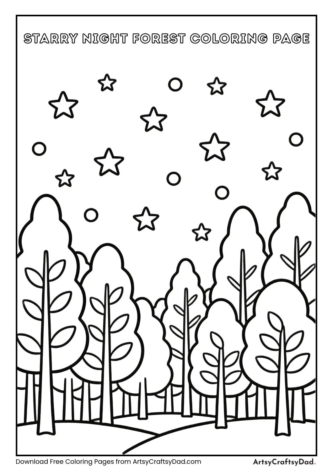 Forest under starry sky coloring page